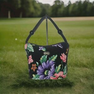 - Feiler Handbag Purse Black Chenille Floral Germany Needlepoint